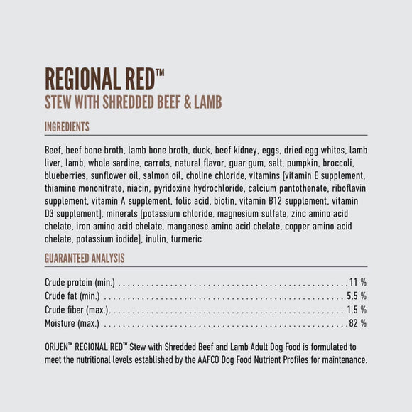 Ingredients and guaranteed analysis for Regional Red Stew with Shredded Beef & Lamb dog food on a white background.
