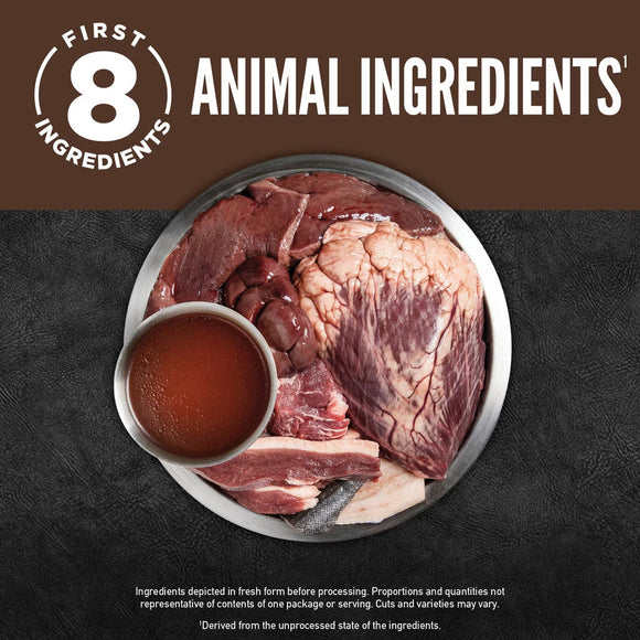 Meat and bone meal on a plate with 'First 8 Ingredients' logo and text.