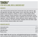 Dog food label for Tundra Stew with Lamb, Duck & Shredded Beef detailing ingredients and guaranteed analysis.