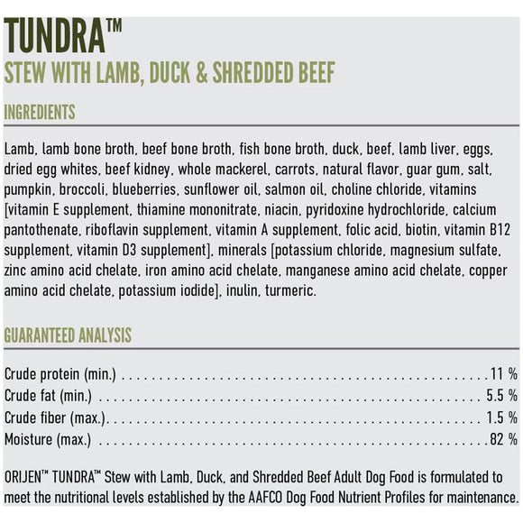 Dog food label for Tundra Stew with Lamb, Duck & Shredded Beef detailing ingredients and guaranteed analysis.