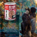 Orijen Beef Recipe can of dog food with a person and dog by a lake