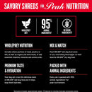 Product label for Orijen savory shreds with nutritional information on a black background.