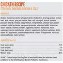 Chicken recipe dog food label with ingredients and guaranteed analysis on a gray background