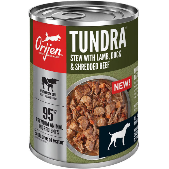 Can of Orijen Tundra Stew with Lamb, Duck & Shredded Beef on a white background