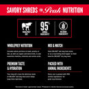 Product label for Orijen Savory Shreds with key features highlighted.