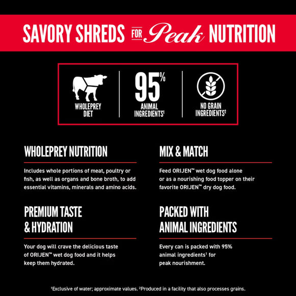 Product label for Orijen Savory Shreds with key features highlighted.