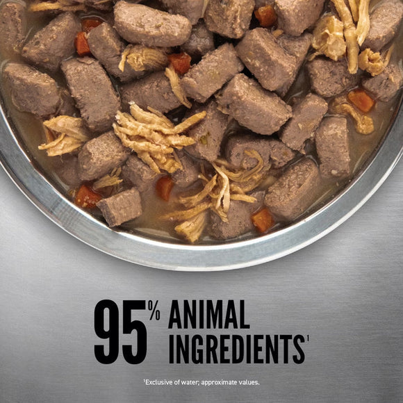 Dog food in a bowl with text indicating '95% animal ingredients' on a metallic background