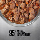 Dog food in a bowl with text indicating 95% animal ingredients on a metallic background