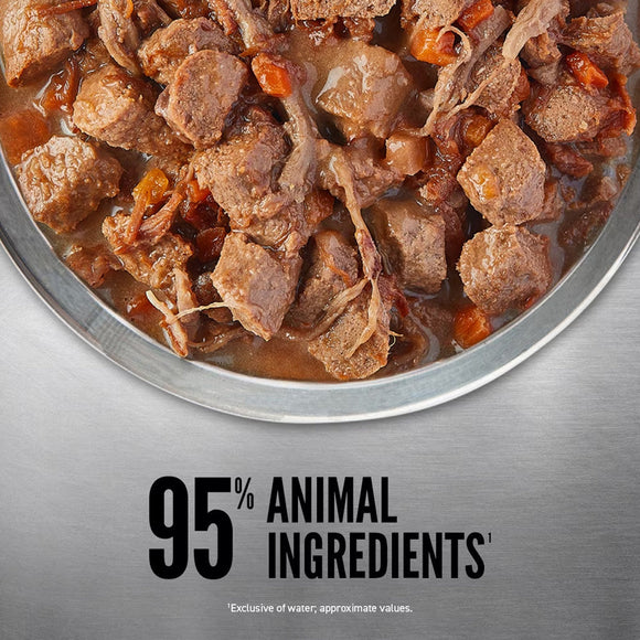 Dog food in a bowl with text indicating 95% animal ingredients on a metallic background