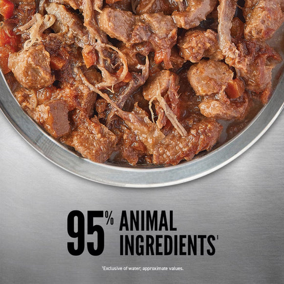 Dog food in a bowl with text indicating '95% animal ingredients' on a metallic background