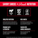 Product label for ORIJEN Savory Shreds with nutritional information on a black background.