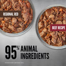 Two bowls of dog food labeled 'Regional Red' and 'Beef Recipe' with text about animal ingredients on a metallic background.