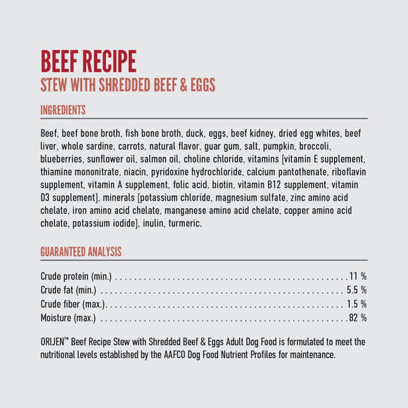 Dog food label for 'Beef Recipe Stew with Shredded Beef & Eggs' detailing ingredients and guaranteed analysis.