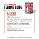 Dog food can with feeding guide on a white background