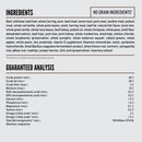 Dog food label with ingredients and guaranteed analysis on a white background