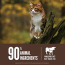 Cat sitting on a tree branch with text about animal ingredients and a wholeprey diet label.