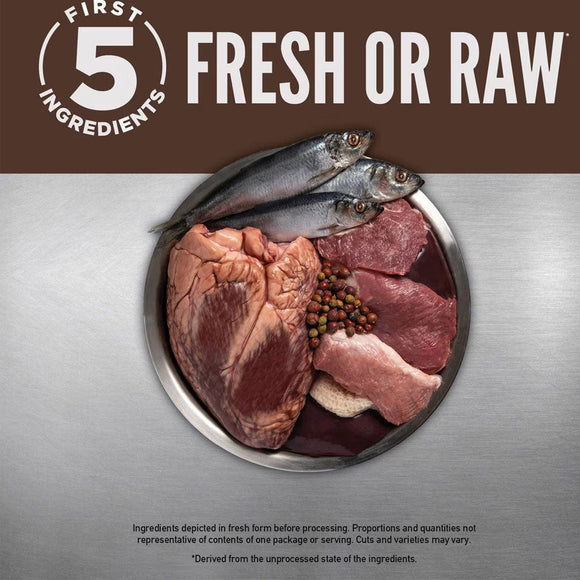 Raw meat and fish on a metallic surface with 'First 5 Ingredients' text.