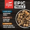 Orijen Epic Meals promotional graphic with a bowl of dog food on a dark background