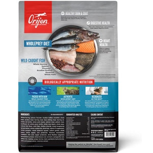 Orijen dog food package with images of fish and text about the product's benefits.