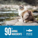 Cat sitting on a rock with a blurred natural background and text about animal ingredients.