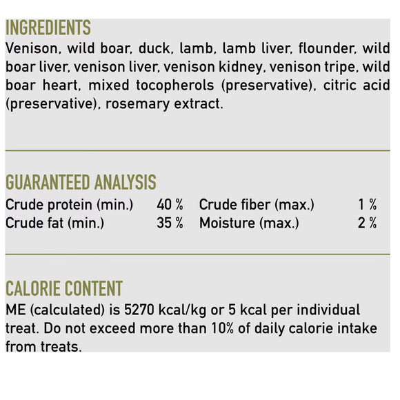 Product label with ingredients, guaranteed analysis, and calorie content on a white background