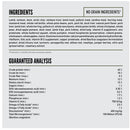 Dog food ingredient list and guaranteed analysis on a white background