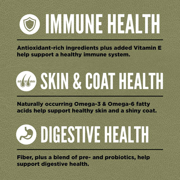 Health benefits of a product for immune, skin & coat, and digestive health on a green background.
