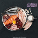 Assorted raw meats and fish on a dark background with text about ingredients.