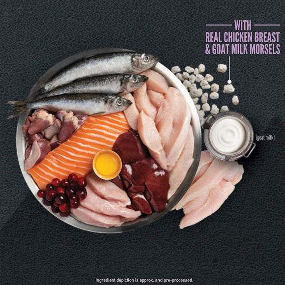 Assorted raw meats and fish on a dark background with text about ingredients.