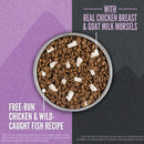 Dog food bowl with brown kibble and white pieces on a purple and gray background