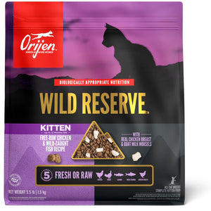 Orijen Wild Reserve Kitten food package with purple and black design