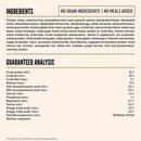Dog food ingredient list and guaranteed analysis on a white background