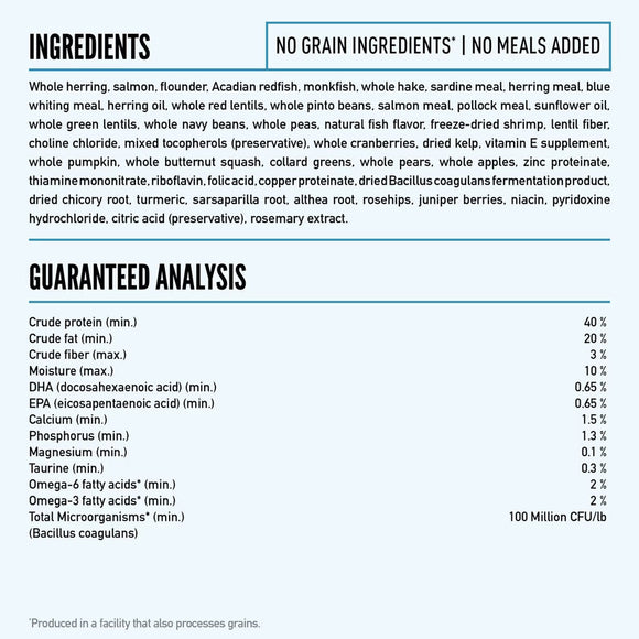 Ingredients and guaranteed analysis chart for a pet food product on a white background