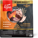 Orijen pet food package with ingredients and health benefits on a white background