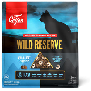 Orijen Wild Reserve cat food package with a silhouette of a cat on a blue background