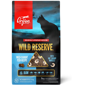 Orijen Wild Reserve cat food package with a silhouette of a cat on a blue background