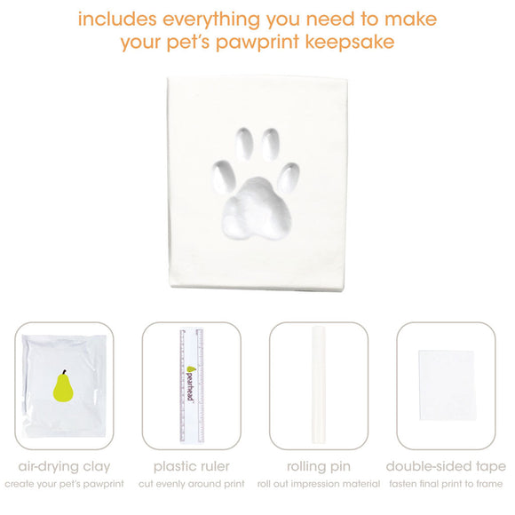 Pet pawprint keepsake kit with air-drying clay, plastic ruler, rolling pin, and double-sided tape on a white background.