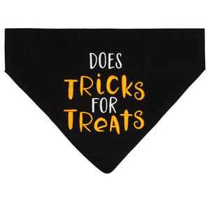 Black bandana with 'DOES TRICKS FOR TREATS' text on a white background