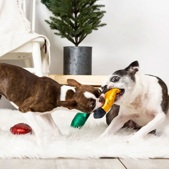 Two dogs playing with a toy on a white surface.