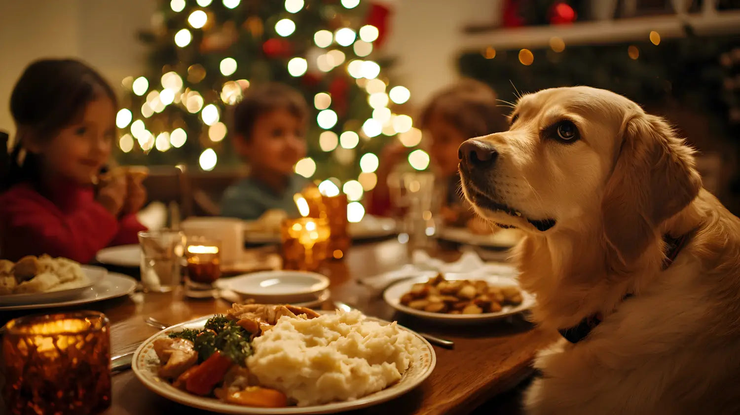 a labrador dog looking away from a plate of food during Christmas dinner