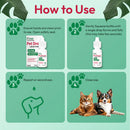 Instructions on how to use pet drops with images of a bottle and two dogs.