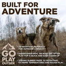 Two dogs standing outdoors with text about product features and encouragement to play outside.
