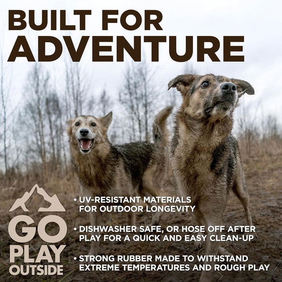 Two dogs standing outdoors with text about product features and encouragement to play outside.