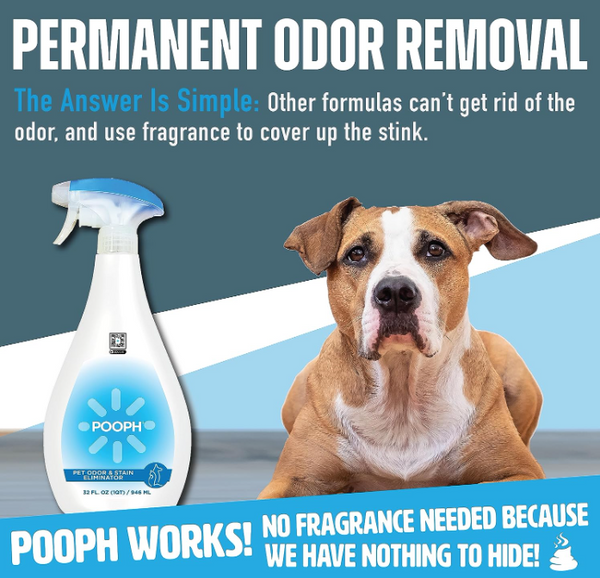 Pooph pet odor and stain eliminator non-toxic formula for various surfaces