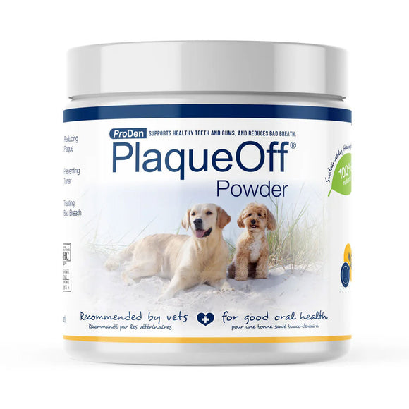 ProDen PlaqueOff Powder container with images of dogs on a white background