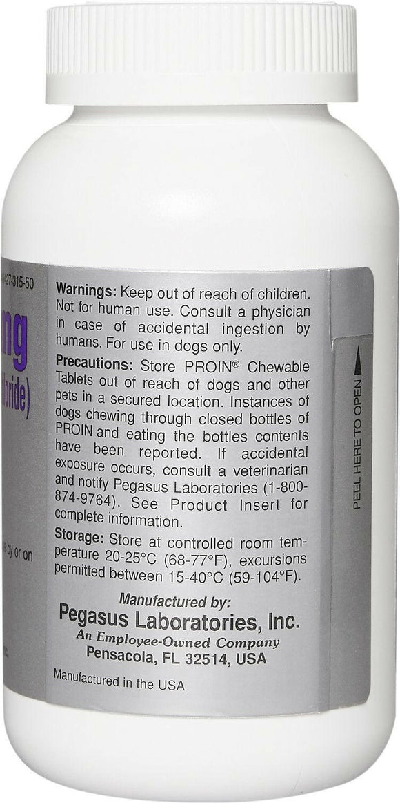 Back Label of Proin Chewable Tablets for Dogs, 25mg - warnings, Precautions and Storage