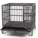 Black metal pet cage on wheels with a white background