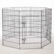 Black metal pet playpen on a white background