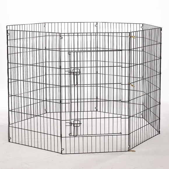 Black metal pet playpen on a white background