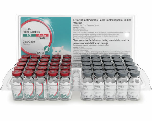 Multiple PureVax Feline 3/Rabies vaccine vials arranged for display